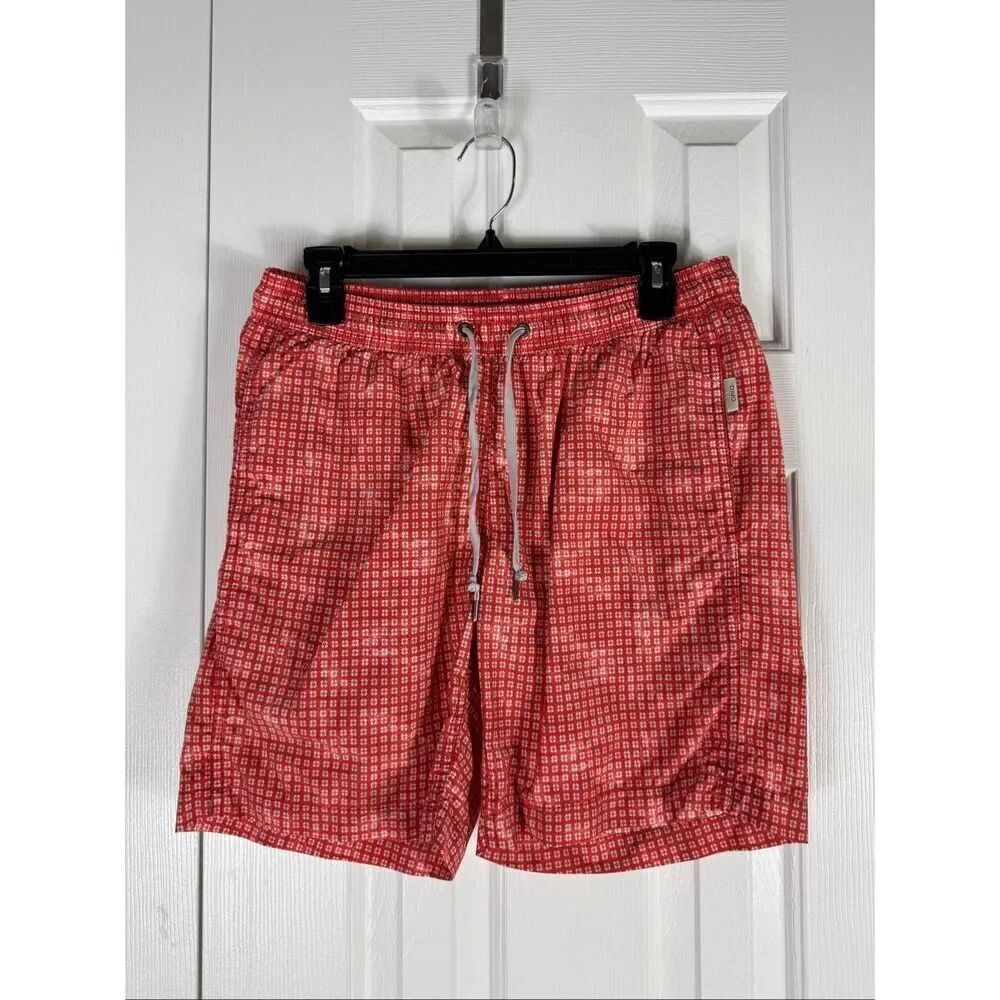 Onia Mens Red Geometrix Print Swim Trunks Charles 7 inch With Back Zip Pocket Si
